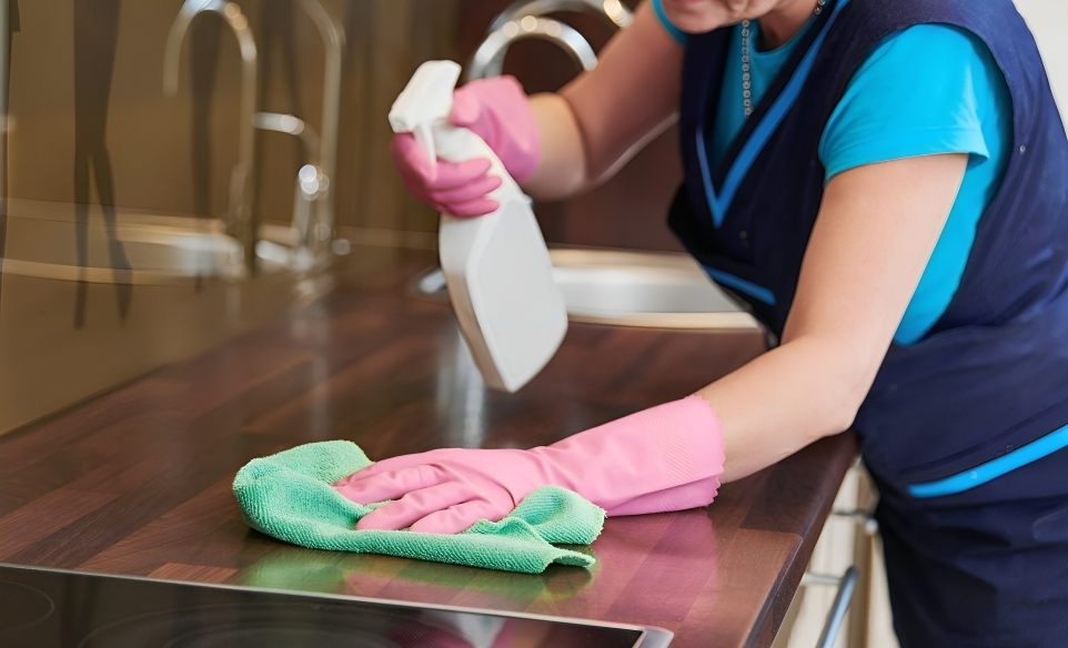 housecleaner wiping counter